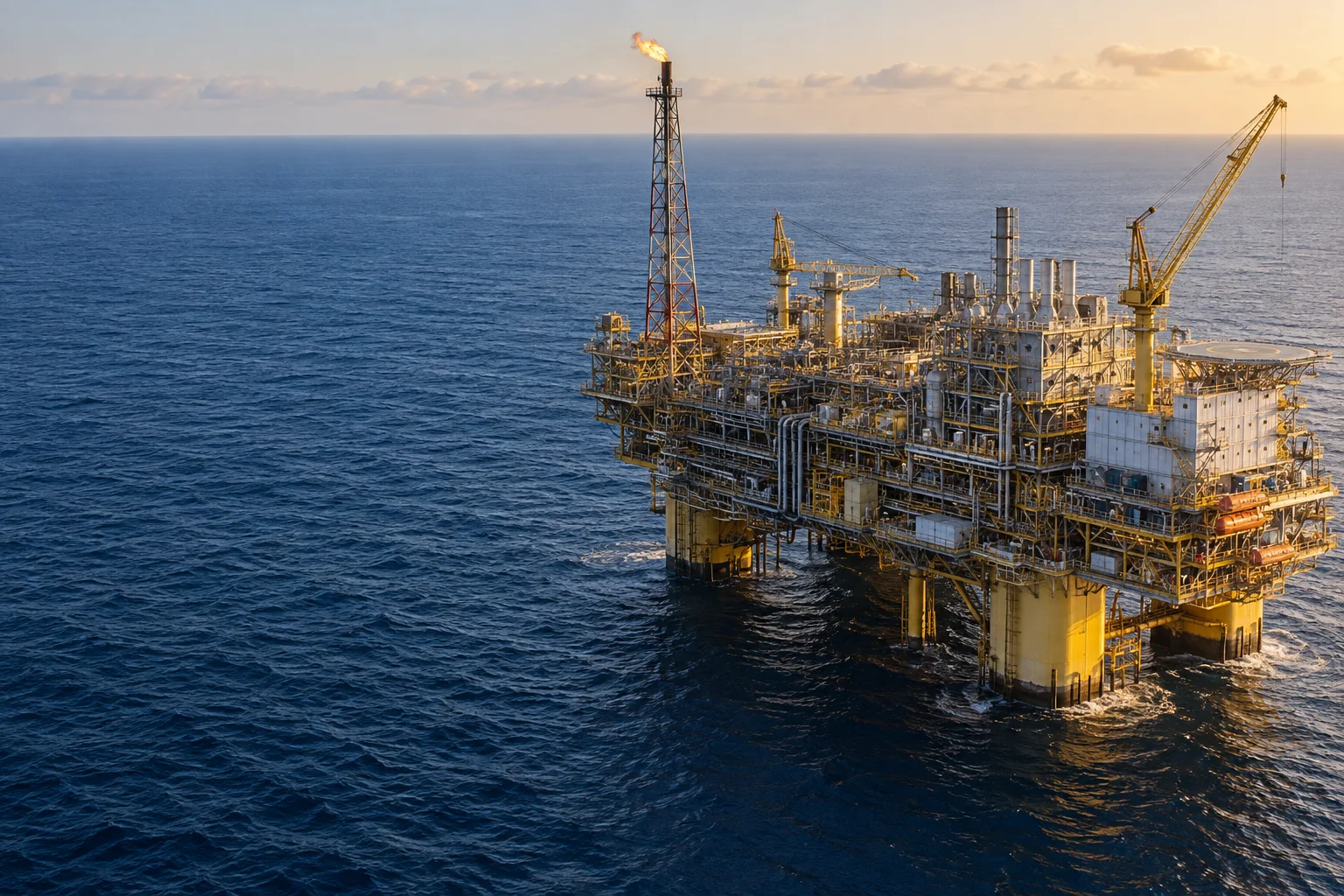 Offshore production platform in a calm blue sea, an illustrative generated scene