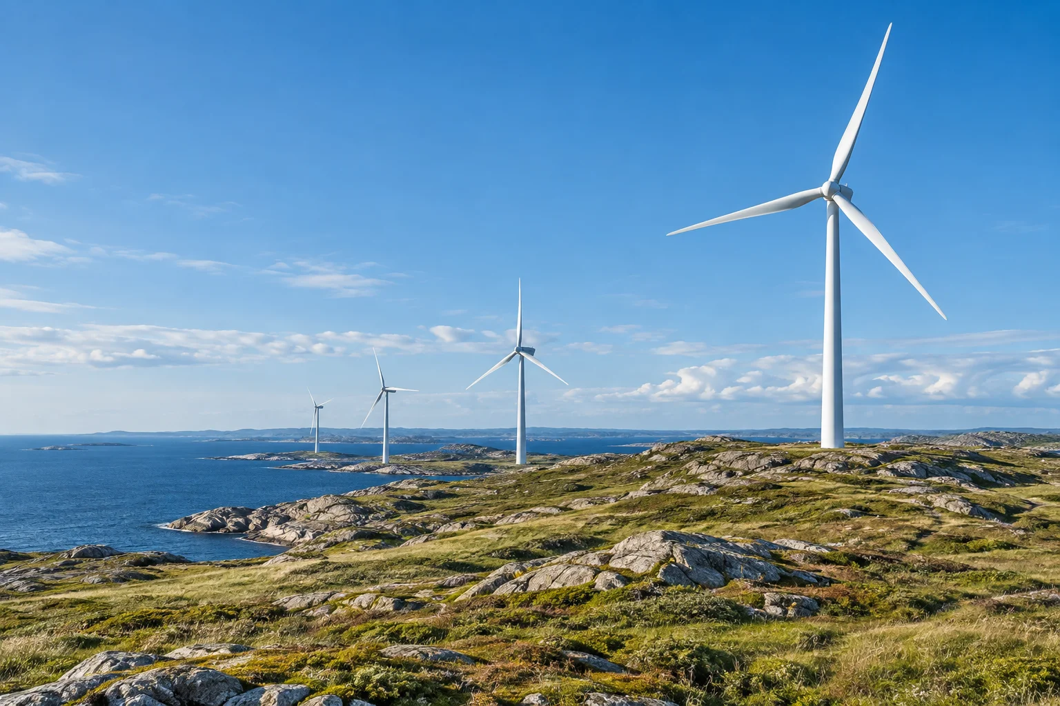 White wind turbines along a rocky coastline, an illustrative generated scene